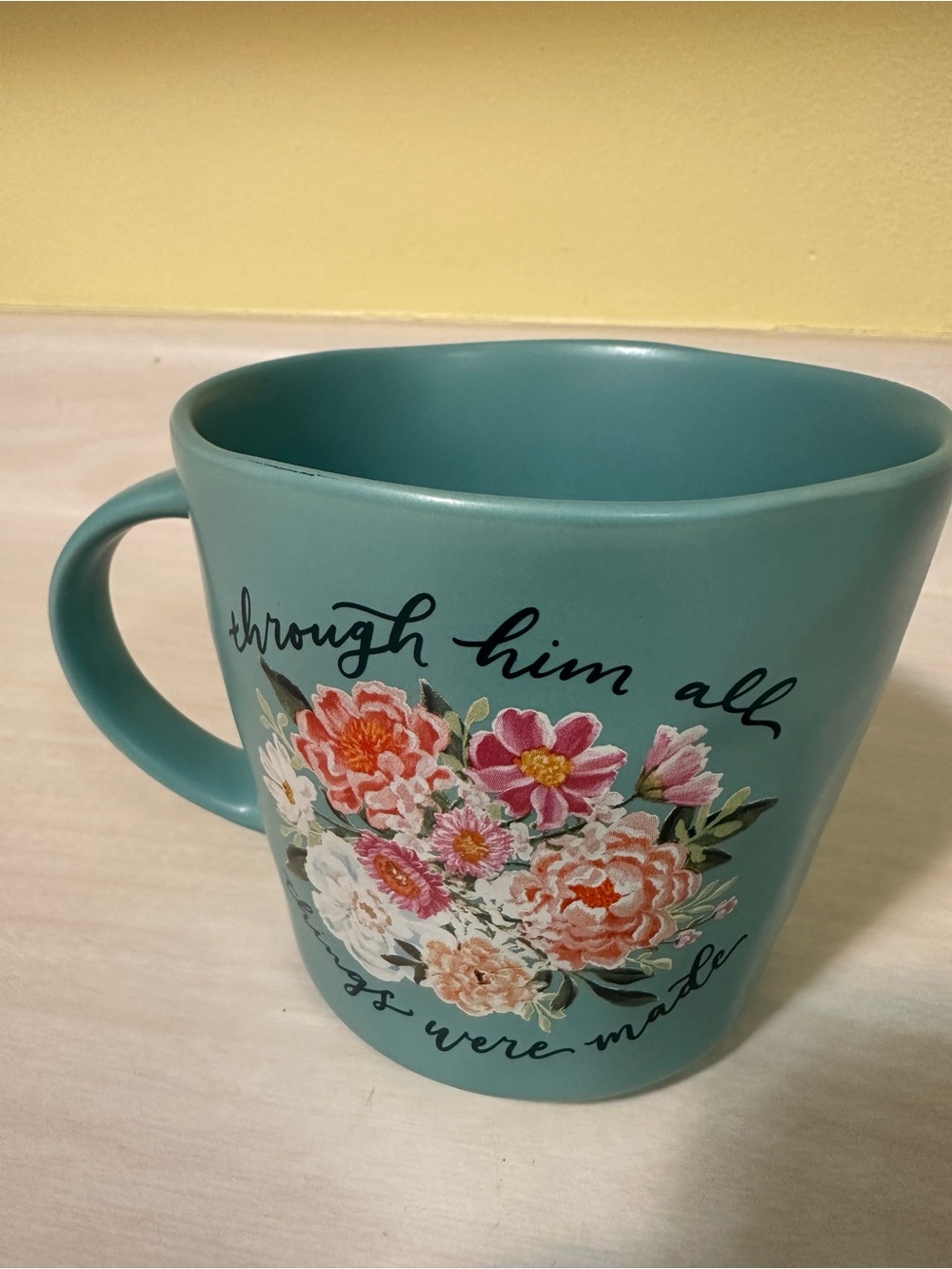 Teal Floral Ceramic Coffee Mug - Inspirational Script Design - Picture 2 of 3